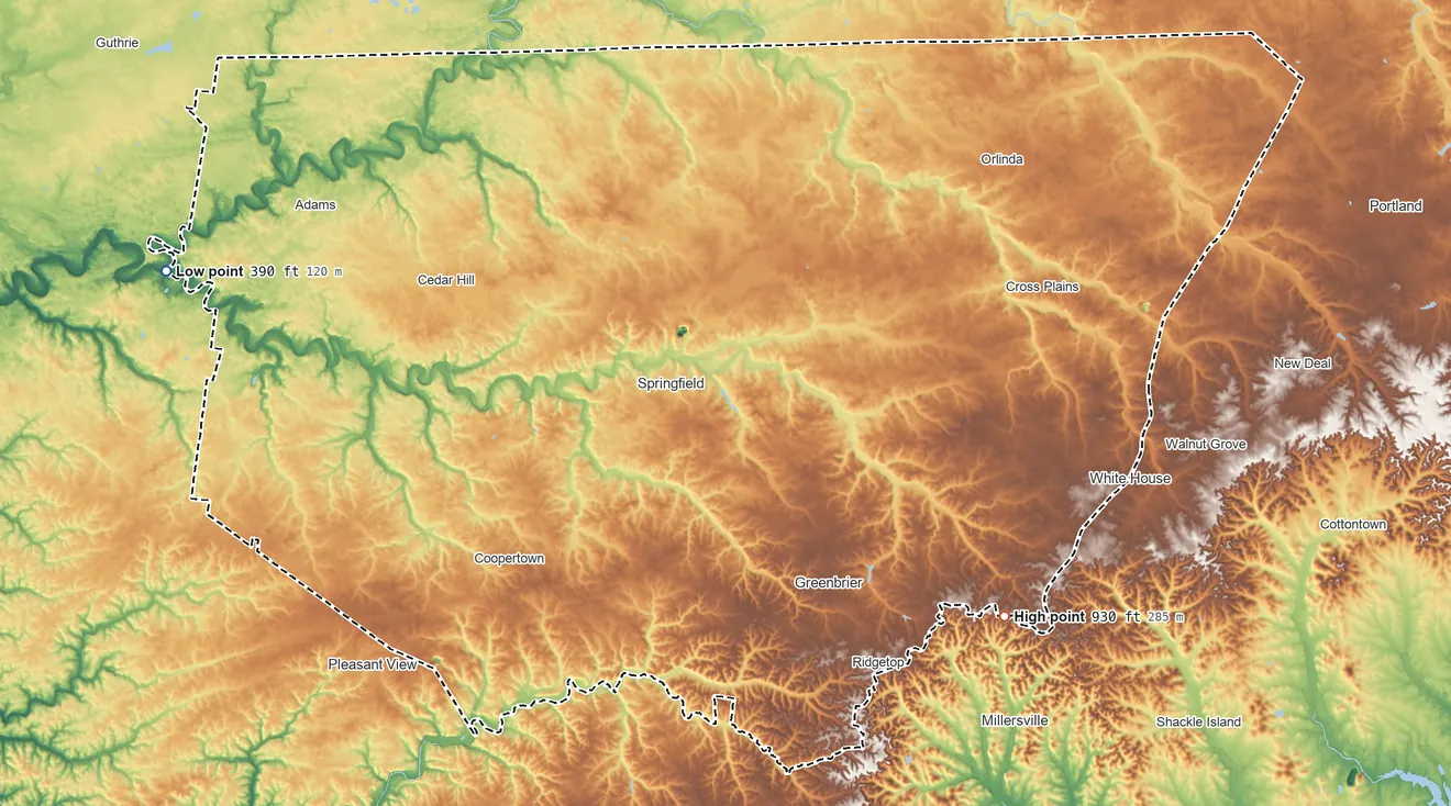 Topographic elevation map of Robertson County, Tennessee, shaded from 390 ft on the west side to 930 ft on the southeast side