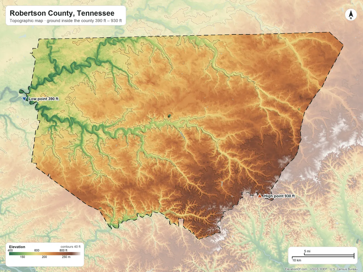 Topographic elevation map of Robertson County, Tennessee, shaded from 390 ft on the west side to 930 ft on the southeast side