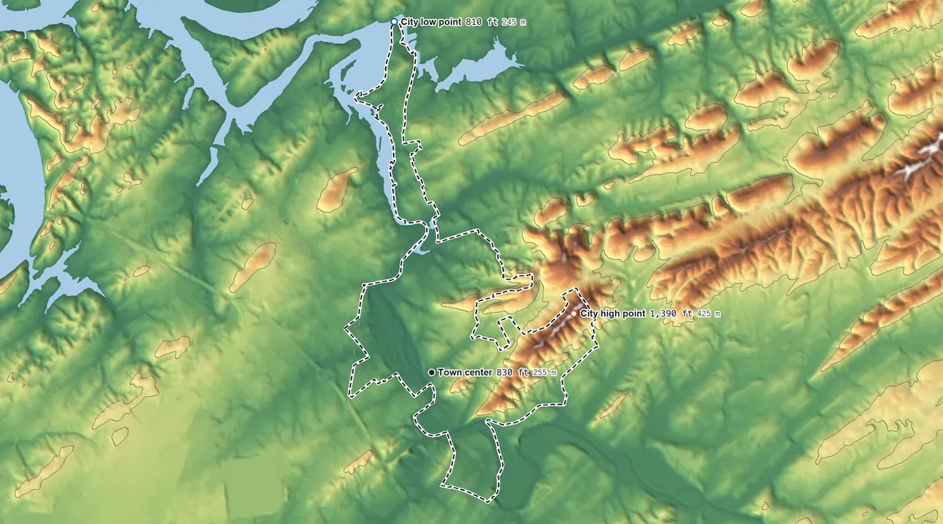 Topographic elevation map of Rockford, Tennessee, shaded from 810 ft on the north side to 1,390 ft on Gravelly Mountain