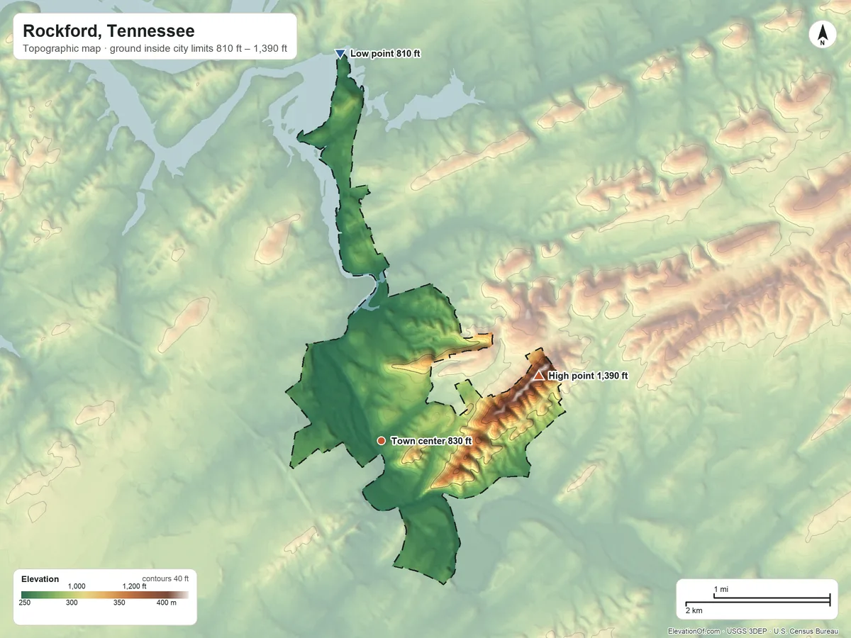 Topographic elevation map of Rockford, Tennessee, shaded from 810 ft on the north side to 1,390 ft on Gravelly Mountain