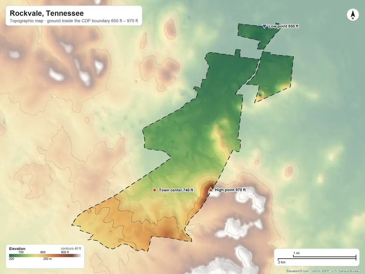 Topographic elevation map of Rockvale, Tennessee, shaded from 650 ft on the northeast side to 970 ft on the east edge, below higher ground just outside
