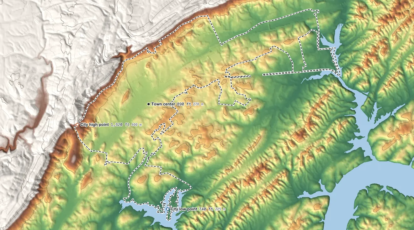 Topographic elevation map of Rockwood, Tennessee, shaded from 740 ft on the south side to 1,320 ft at the foot of the Crab Orchard Mountains