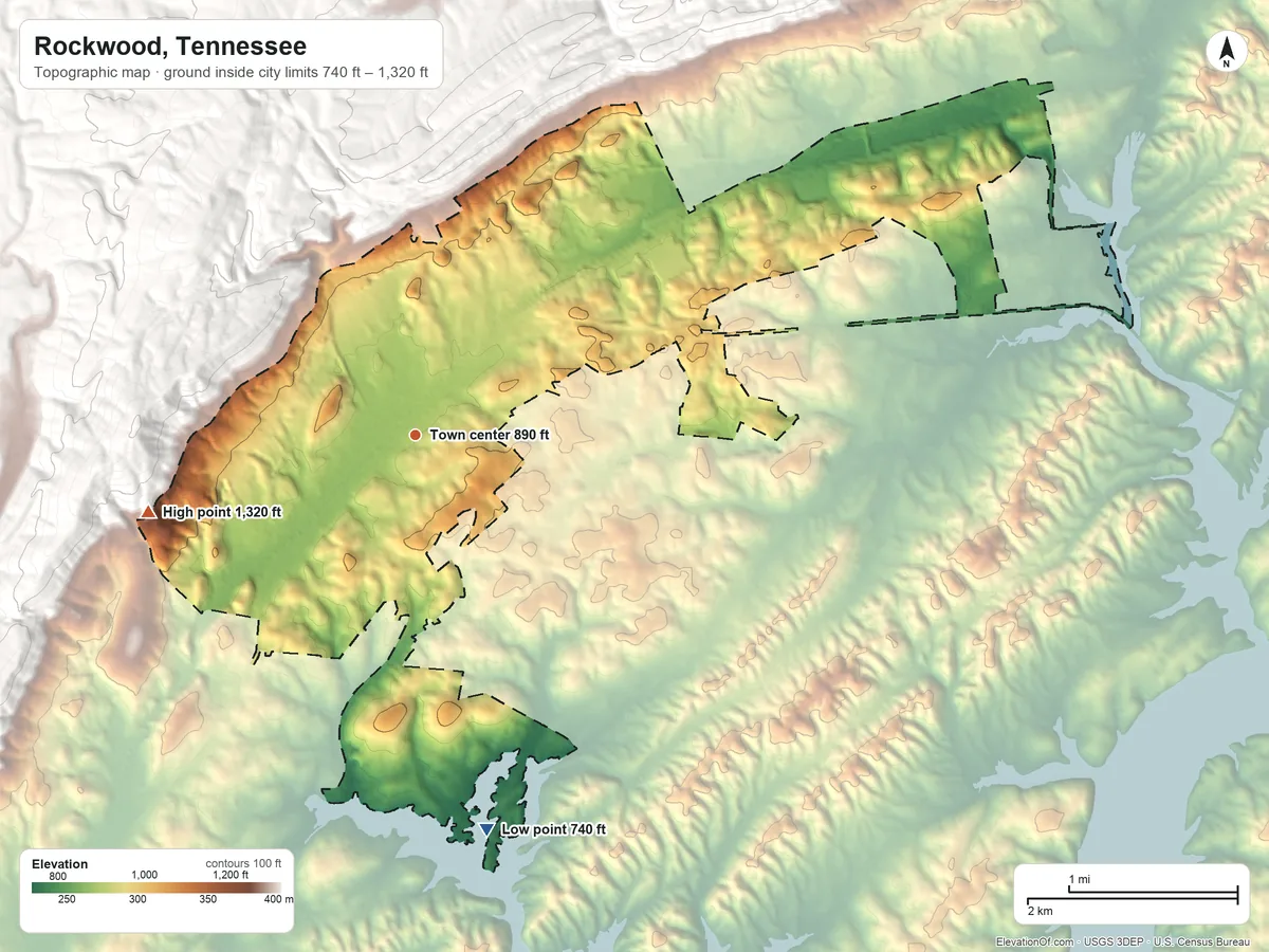 Topographic elevation map of Rockwood, Tennessee, shaded from 740 ft on the south side to 1,320 ft at the foot of the Crab Orchard Mountains