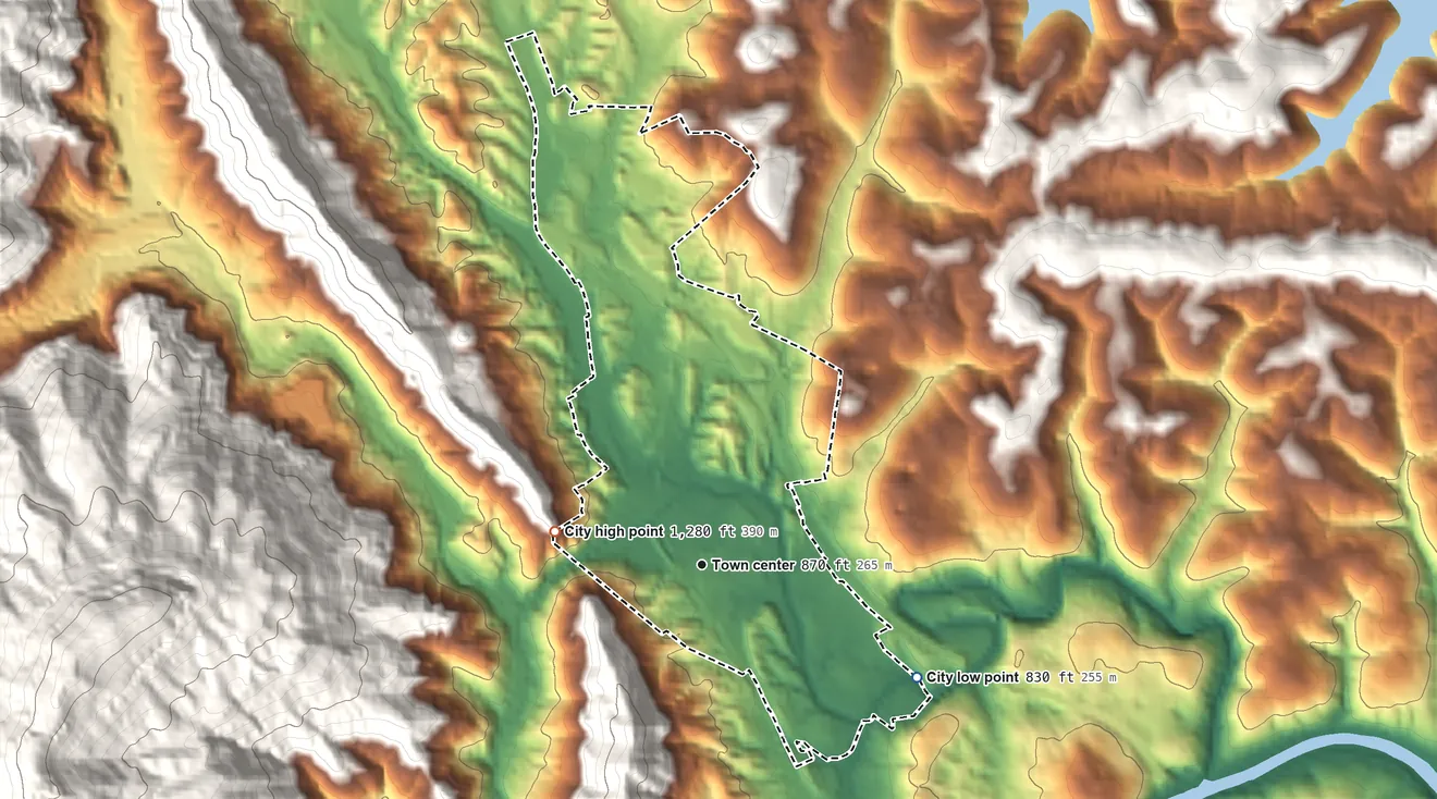 Topographic elevation map of Rocky Top, Tennessee, shaded from 830 ft on the southeast side to 1,280 ft on the west edge, below higher ground just outside