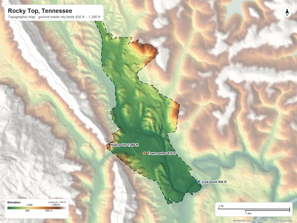 Topographic elevation map of Rocky Top, Tennessee, shaded from 830 ft on the southeast side to 1,280 ft on the west edge, below higher ground just outside