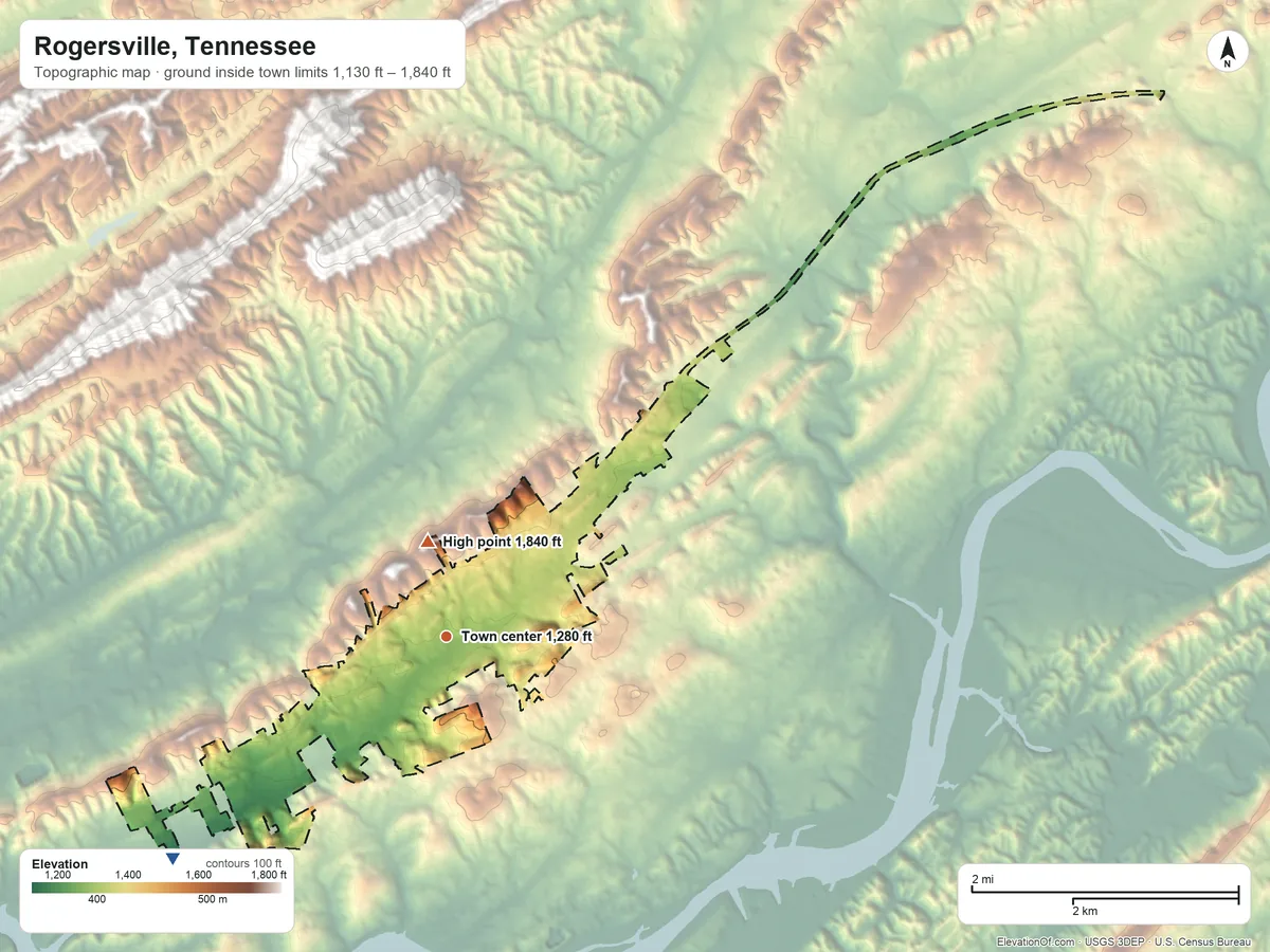 Topographic elevation map of Rogersville, Tennessee, shaded from 1,130 ft on the southwest side to 1,840 ft near the middle
