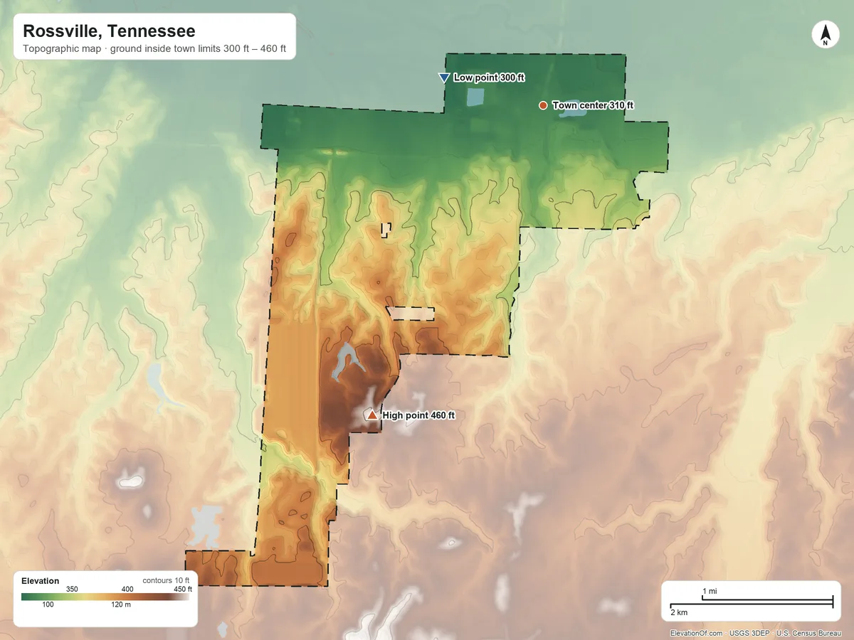 Topographic elevation map of Rossville, Tennessee, shaded from 300 ft on the west side to 460 ft on the southwest side