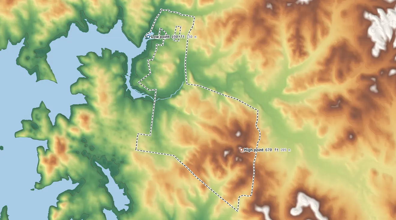 Topographic elevation map of Rural Hill, Tennessee, shaded from 490 ft on the northwest side to 670 ft on the southeast side