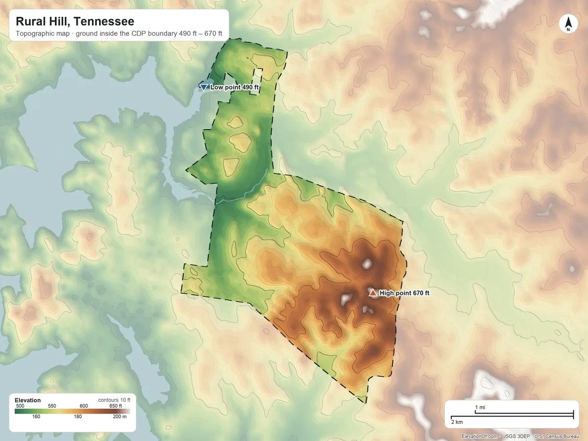 Topographic elevation map of Rural Hill, Tennessee, shaded from 490 ft on the northwest side to 670 ft on the southeast side