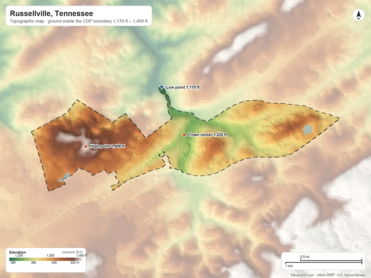 Topographic elevation map of Russellville, Tennessee, shaded from 1,170 ft on the northwest side to 1,400 ft on the west side