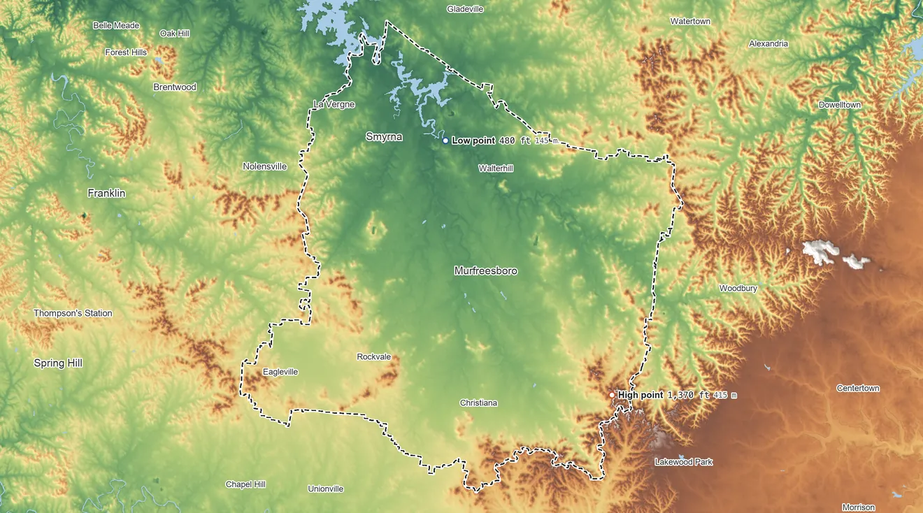 Topographic elevation map of Rutherford County, Tennessee, shaded from 480 ft on the north side to 1,370 ft on the southeast side