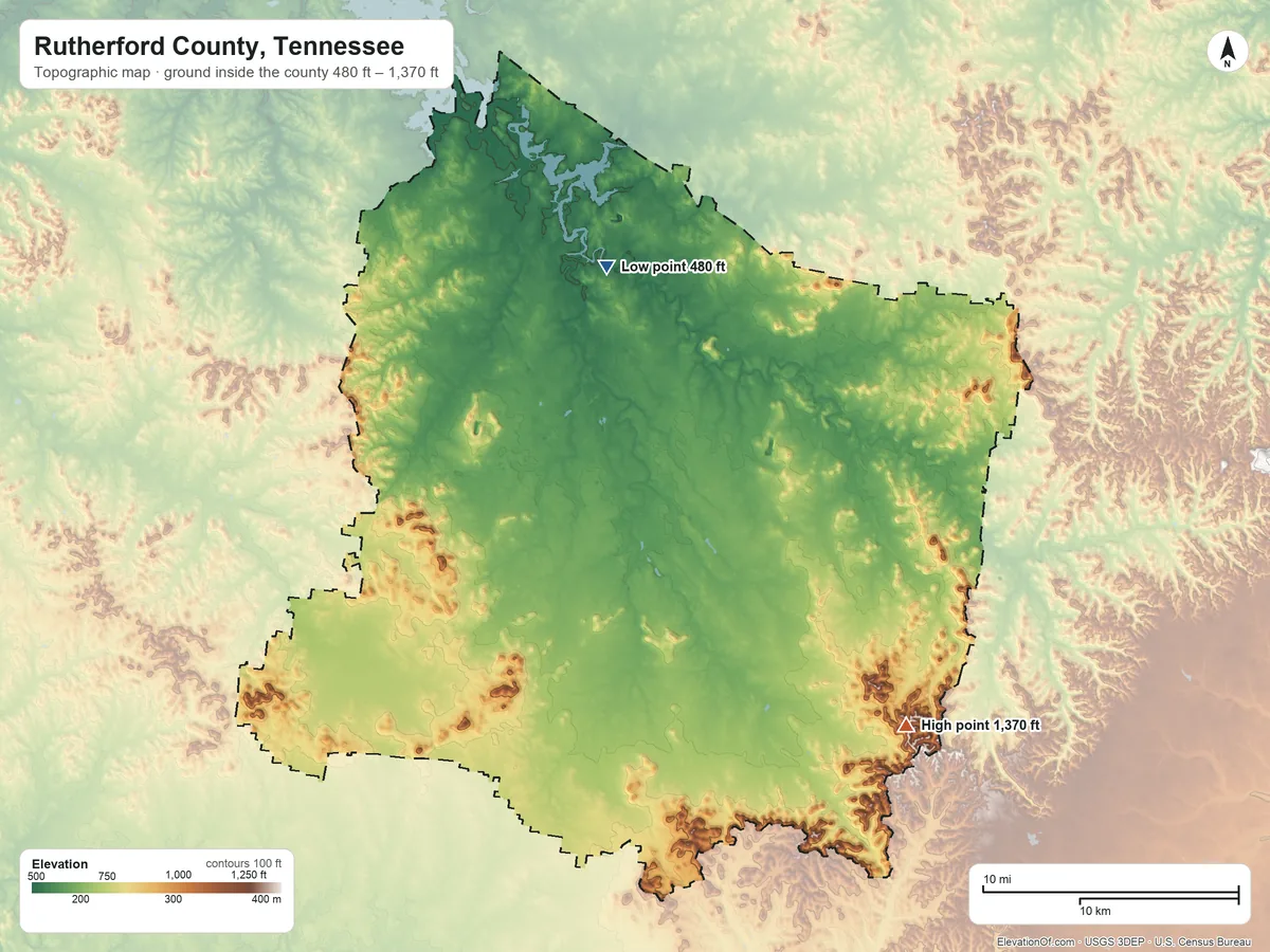 Topographic elevation map of Rutherford County, Tennessee, shaded from 480 ft on the north side to 1,370 ft on the southeast side