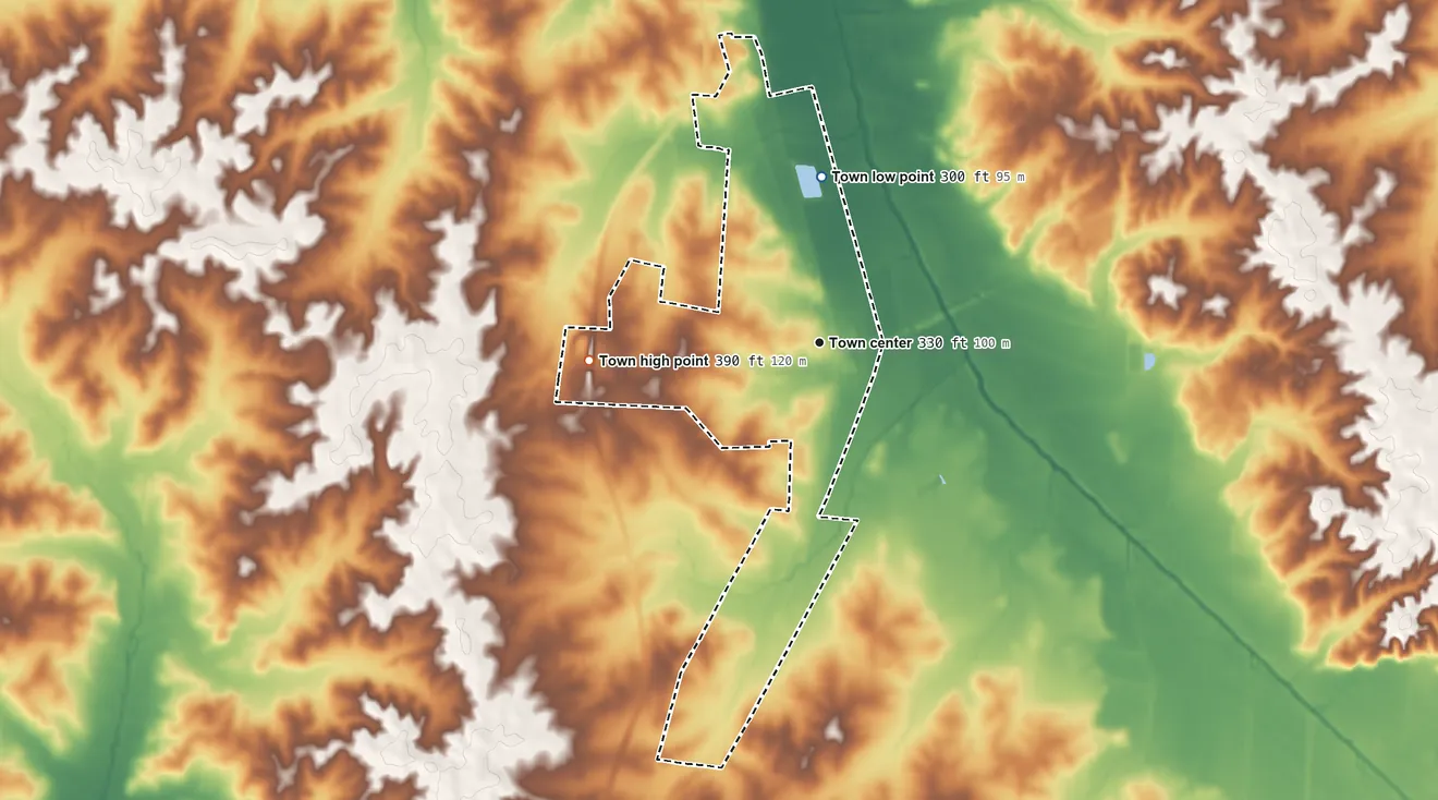 Topographic elevation map of Rutherford, Tennessee, shaded from 300 ft on the north side to 390 ft on the west side