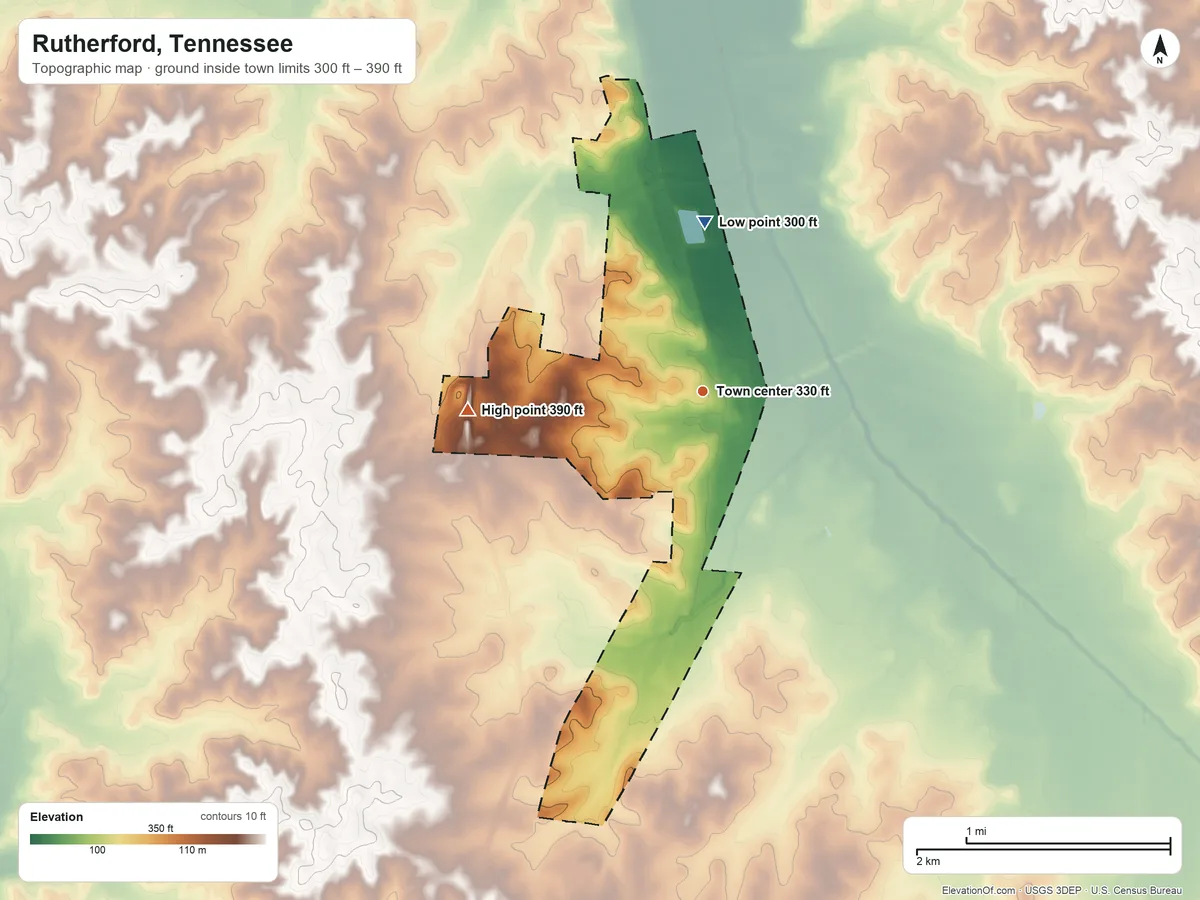 Topographic elevation map of Rutherford, Tennessee, shaded from 300 ft on the north side to 390 ft on the west side