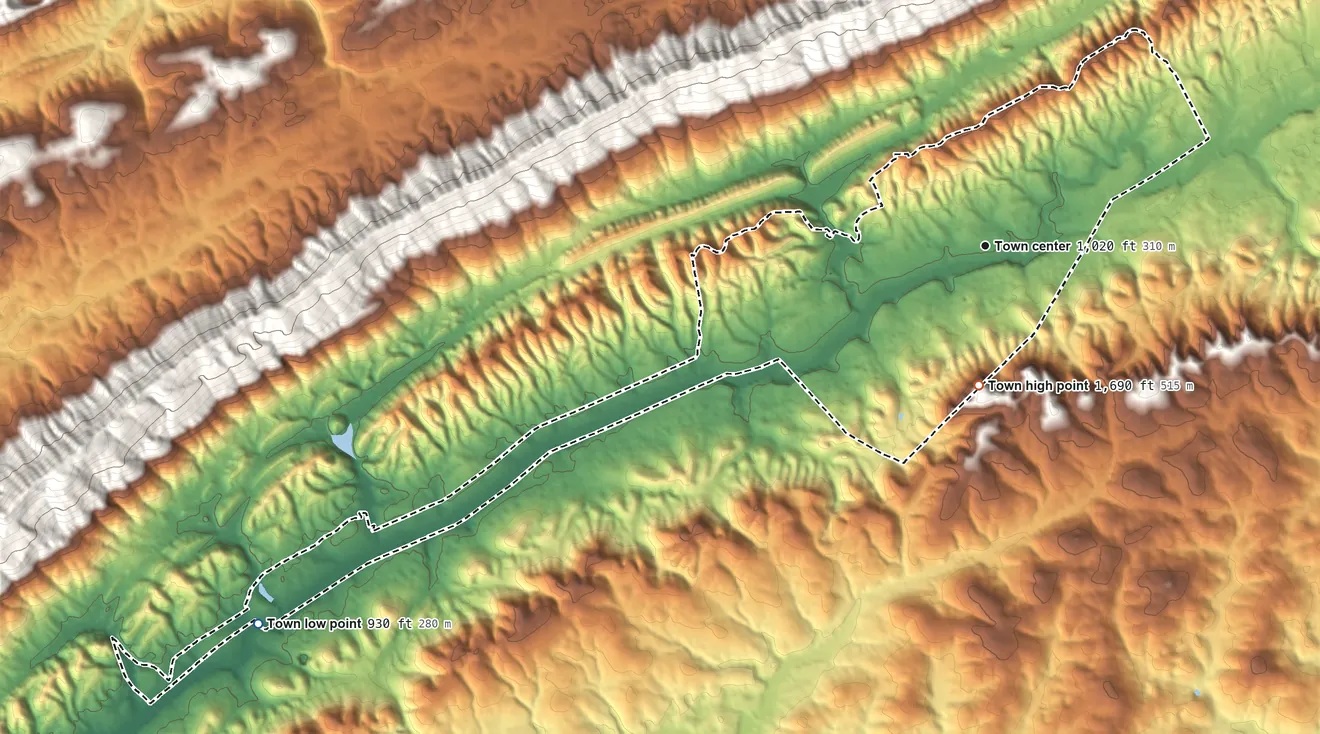 Topographic elevation map of Rutledge, Tennessee, shaded from 930 ft on the southwest side to 1,690 ft on the south side