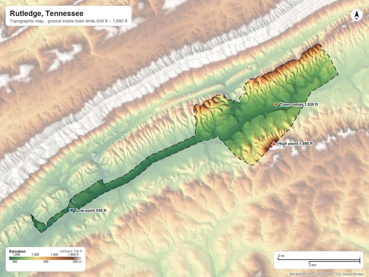 Topographic elevation map of Rutledge, Tennessee, shaded from 930 ft on the southwest side to 1,690 ft on the south side