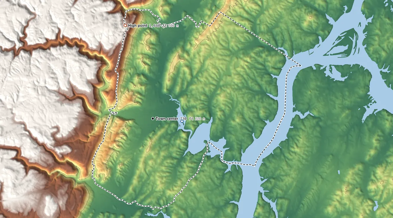 Topographic elevation map of Sale Creek, Tennessee, shaded from 680 ft on the east side to 1,640 ft on the north side