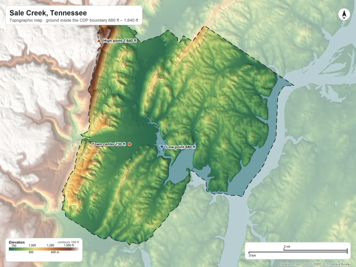 Topographic elevation map of Sale Creek, Tennessee, shaded from 680 ft on the east side to 1,640 ft on the north side