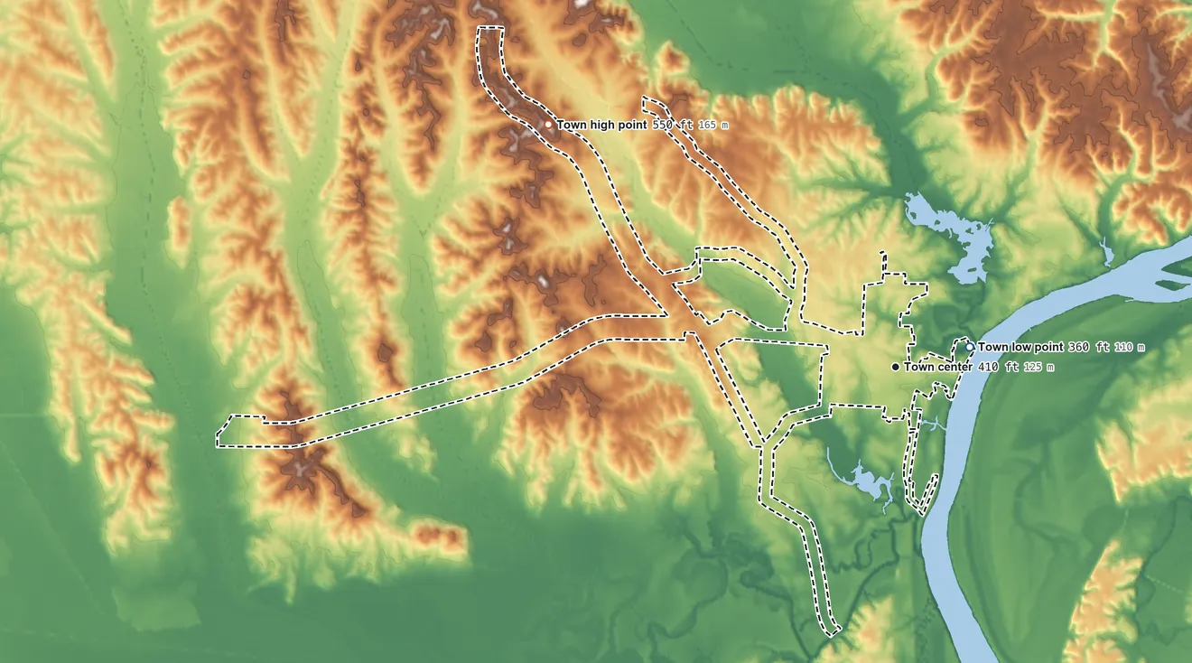 Topographic elevation map of Saltillo, Tennessee, shaded from 360 ft near the middle to 550 ft on the northwest side