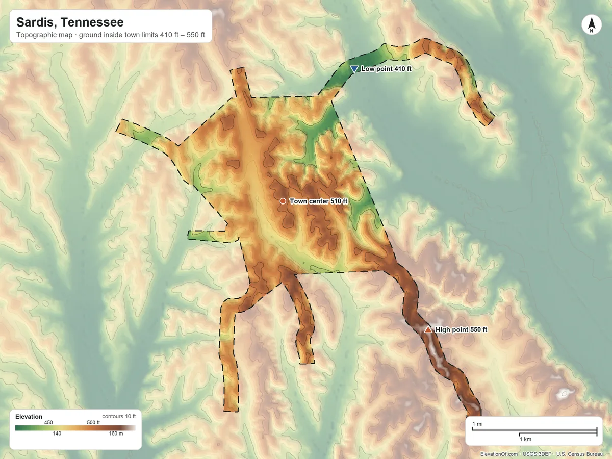 Topographic elevation map of Sardis, Tennessee, shaded from 410 ft on the northeast side to 550 ft on the southeast side