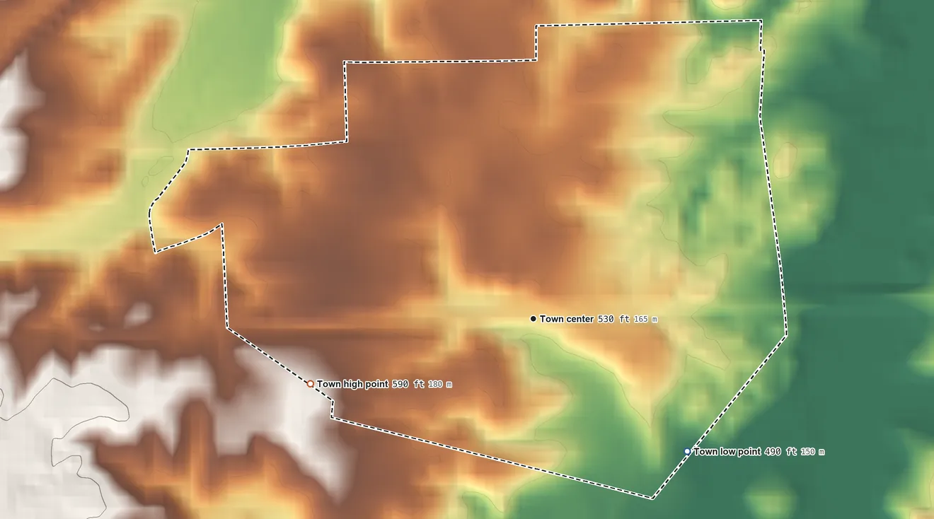Topographic elevation map of Saulsbury, Tennessee, shaded from 490 ft on the southeast side to 590 ft on the west side