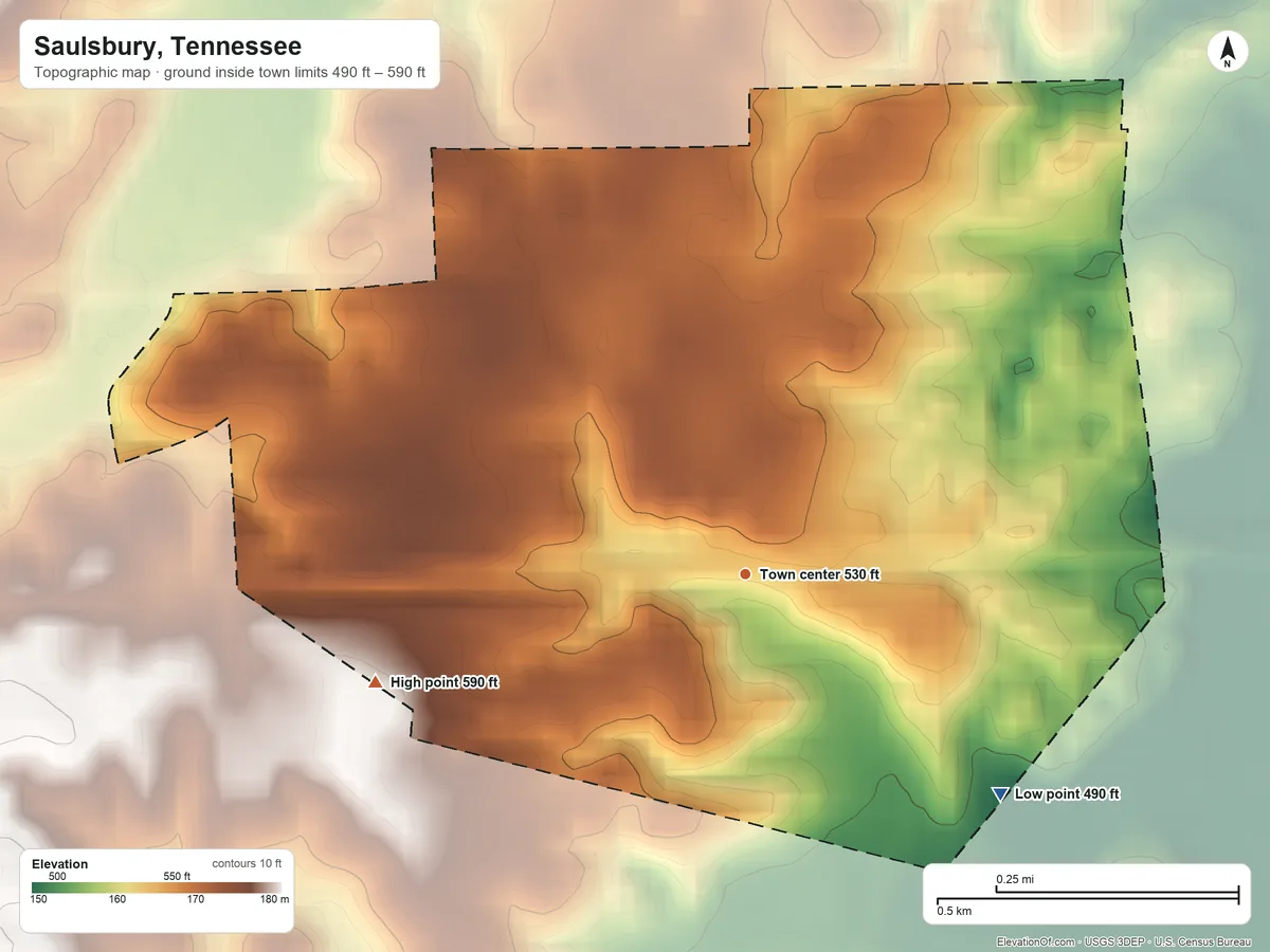 Topographic elevation map of Saulsbury, Tennessee, shaded from 490 ft on the southeast side to 590 ft on the west side