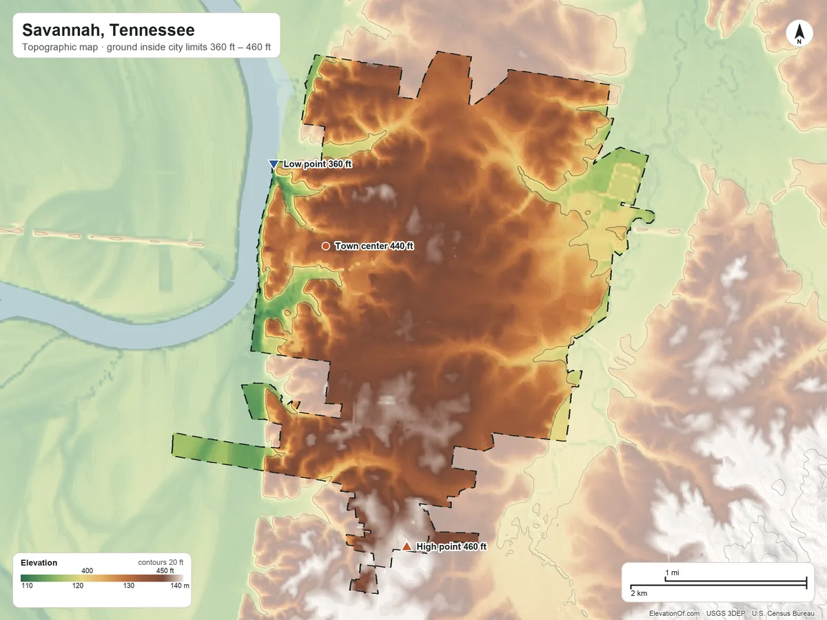 Topographic elevation map of Savannah, Tennessee, shaded from 360 ft on the northwest side to 460 ft on the south side