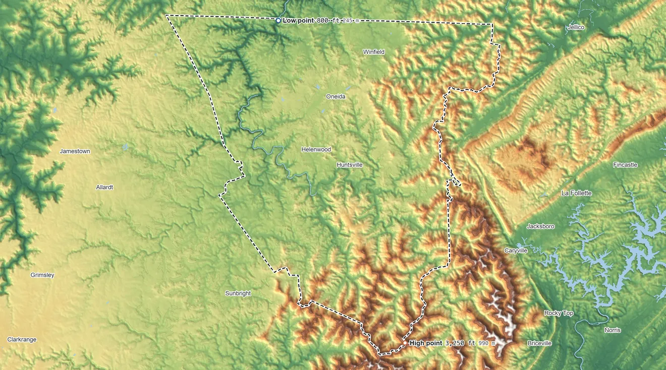 Topographic elevation map of Scott County, Tennessee, shaded from 800 ft on the north side to 3,250 ft on Burge Mountain
