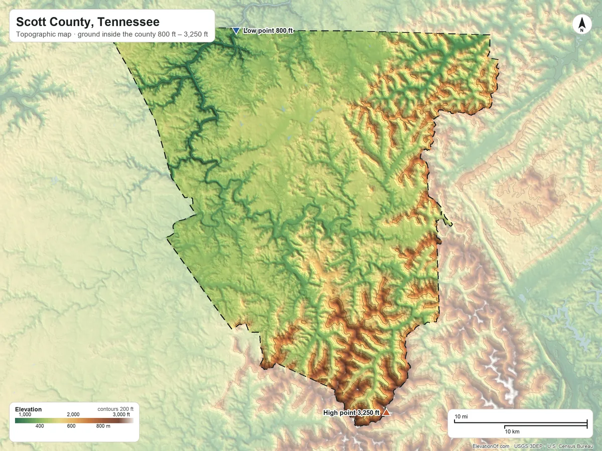 Topographic elevation map of Scott County, Tennessee, shaded from 800 ft on the north side to 3,250 ft on Burge Mountain