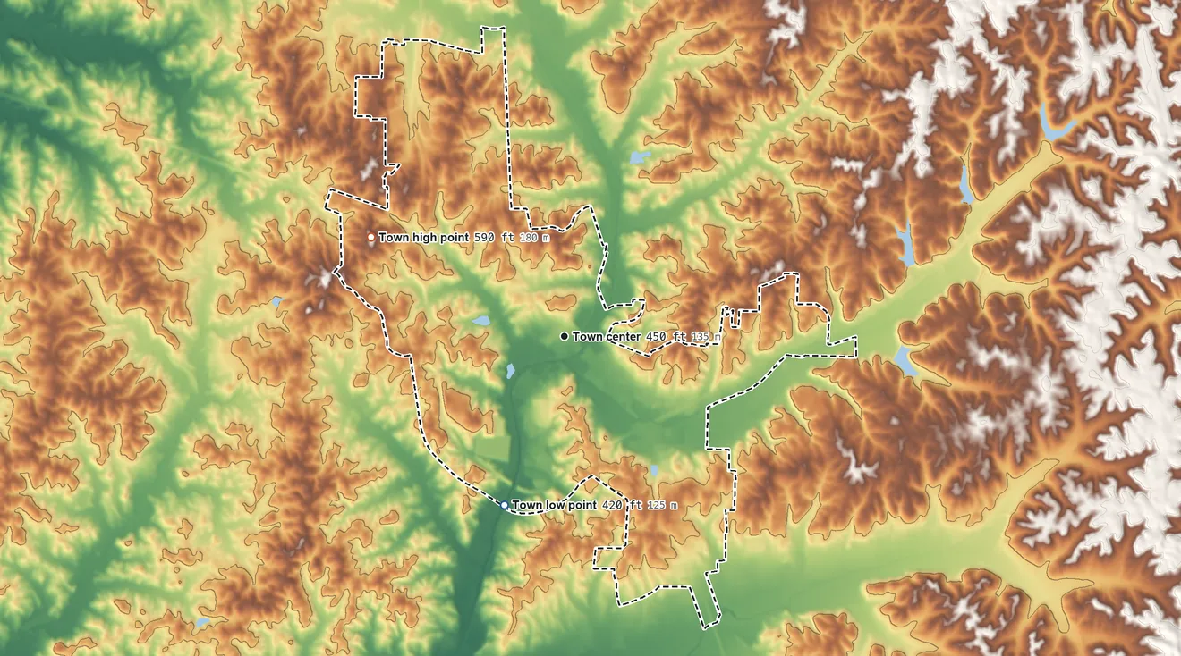 Topographic elevation map of Selmer, Tennessee, shaded from 420 ft on the south side to 590 ft on the northwest side