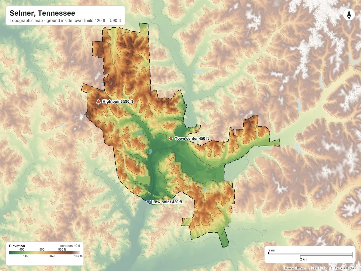 Topographic elevation map of Selmer, Tennessee, shaded from 420 ft on the south side to 590 ft on the northwest side