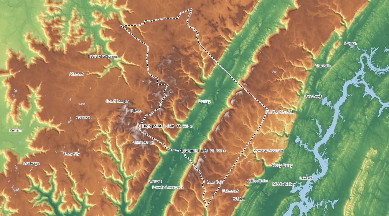 Topographic elevation map of Sequatchie County, Tennessee, shaded from 650 ft on the south side to 2,390 ft on the west side