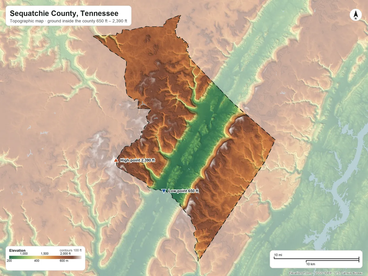 Topographic elevation map of Sequatchie County, Tennessee, shaded from 650 ft on the south side to 2,390 ft on the west side