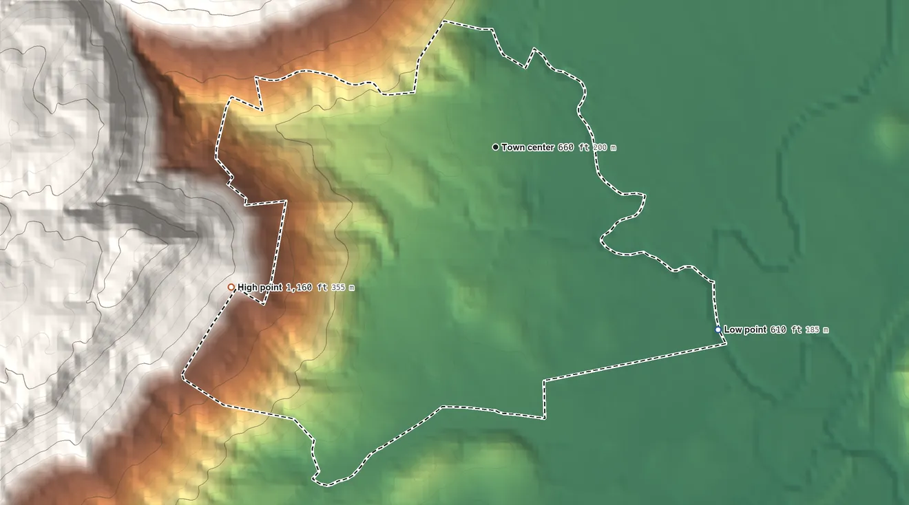 Topographic elevation map of Sequatchie, Tennessee, shaded from 610 ft on the southeast side to 1,160 ft on the southwest edge, below higher ground just outside