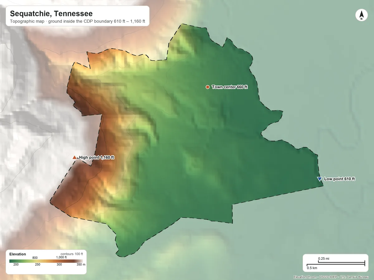 Topographic elevation map of Sequatchie, Tennessee, shaded from 610 ft on the southeast side to 1,160 ft on the southwest edge, below higher ground just outside
