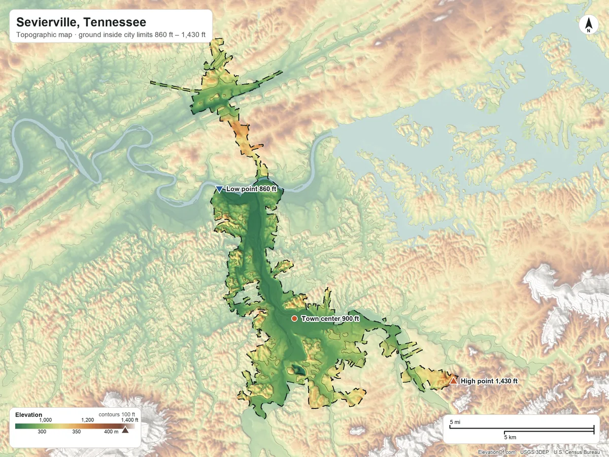 Topographic elevation map of Sevierville, Tennessee, shaded from 860 ft on the northwest side to 1,430 ft at the foot of the Slate Knobs