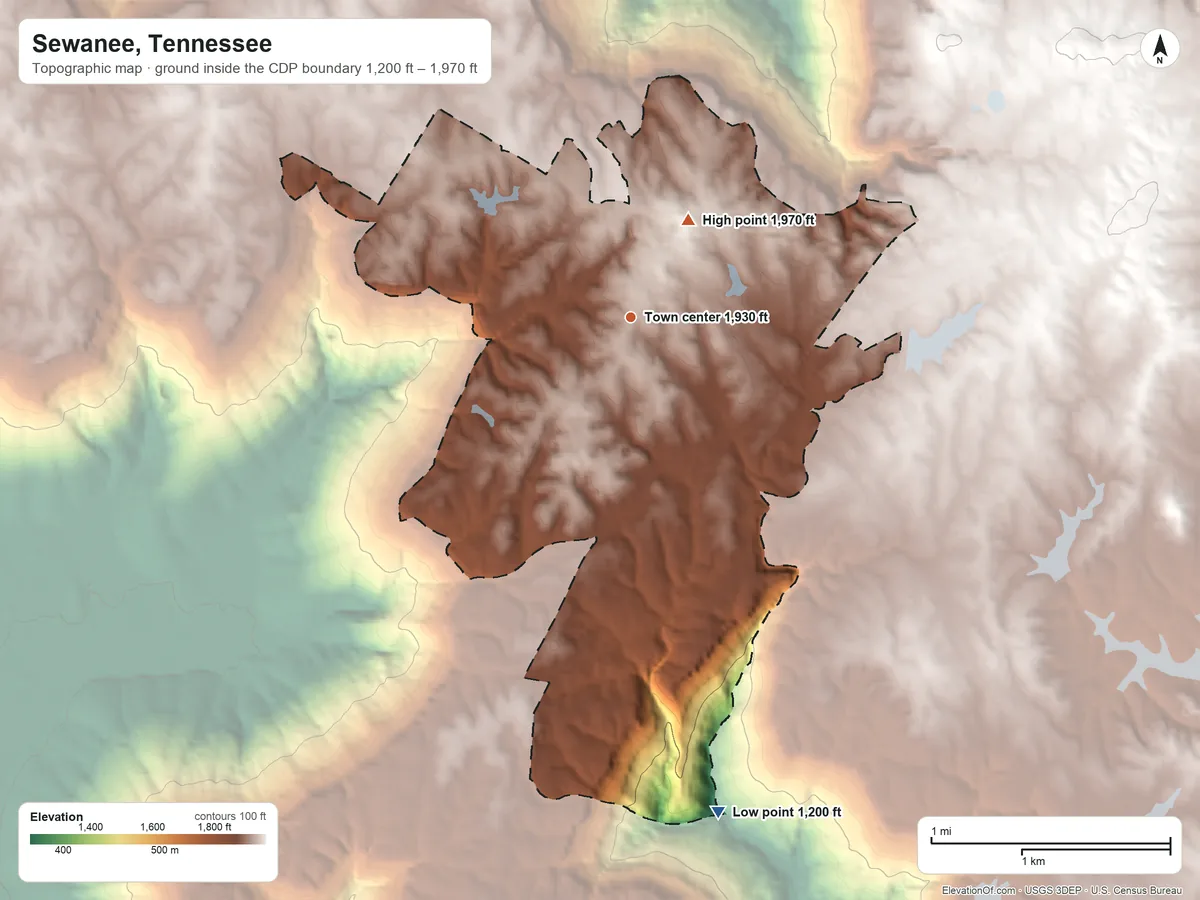 Topographic elevation map of Sewanee, Tennessee, shaded from 1,200 ft on the south side to 1,970 ft on the northeast side