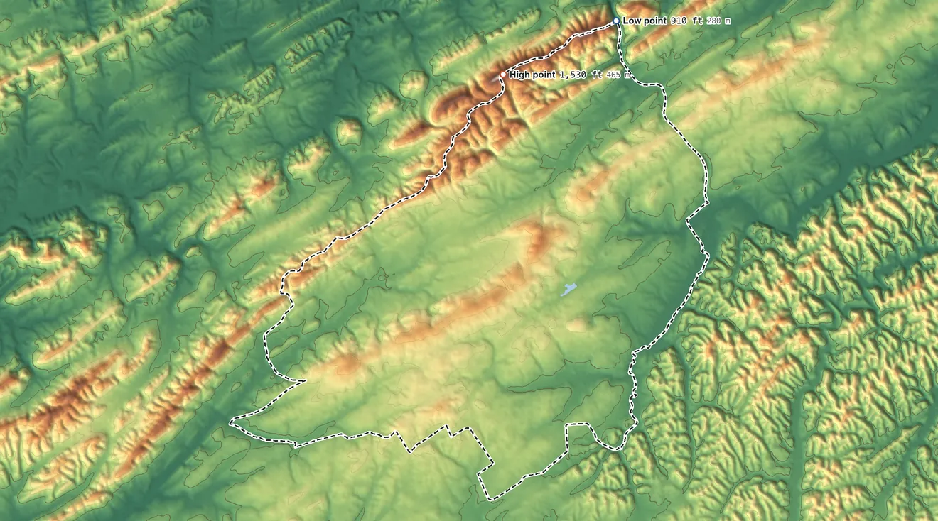 Topographic elevation map of Seymour, Tennessee, shaded from 910 ft on the north side to 1,530 ft on the north side