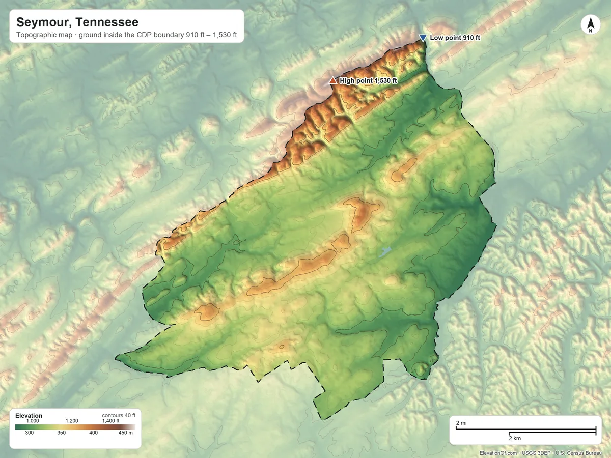 Topographic elevation map of Seymour, Tennessee, shaded from 910 ft on the north side to 1,530 ft on the north side