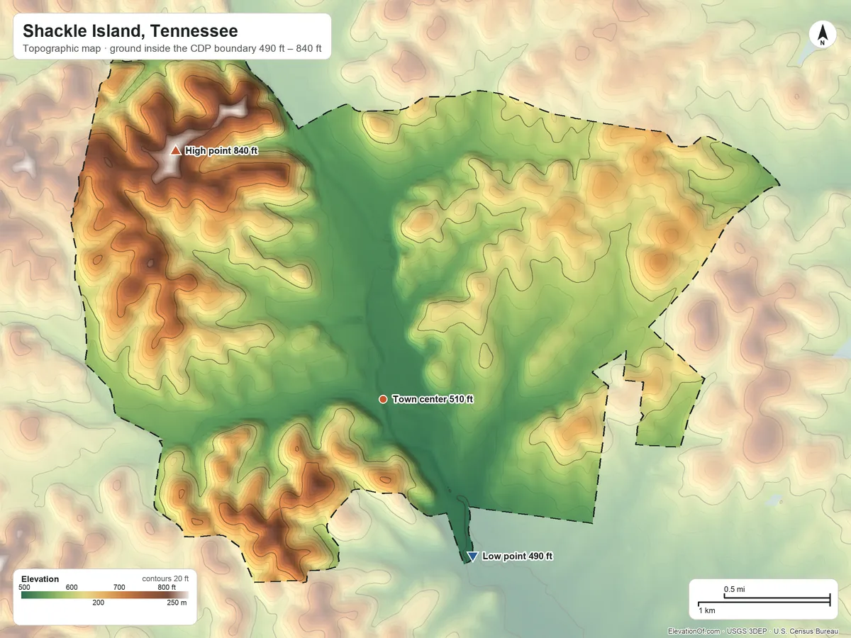 Topographic elevation map of Shackle Island, Tennessee, shaded from 490 ft on the southeast side to 840 ft on Shallow Ford Hill