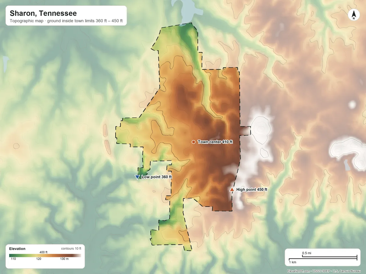 Topographic elevation map of Sharon, Tennessee, shaded from 360 ft on the southwest side to 450 ft on the southeast side