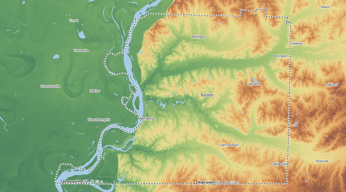 Topographic elevation map of Shelby County, Tennessee, shaded from 180 ft on the southwest side to 520 ft on the south side