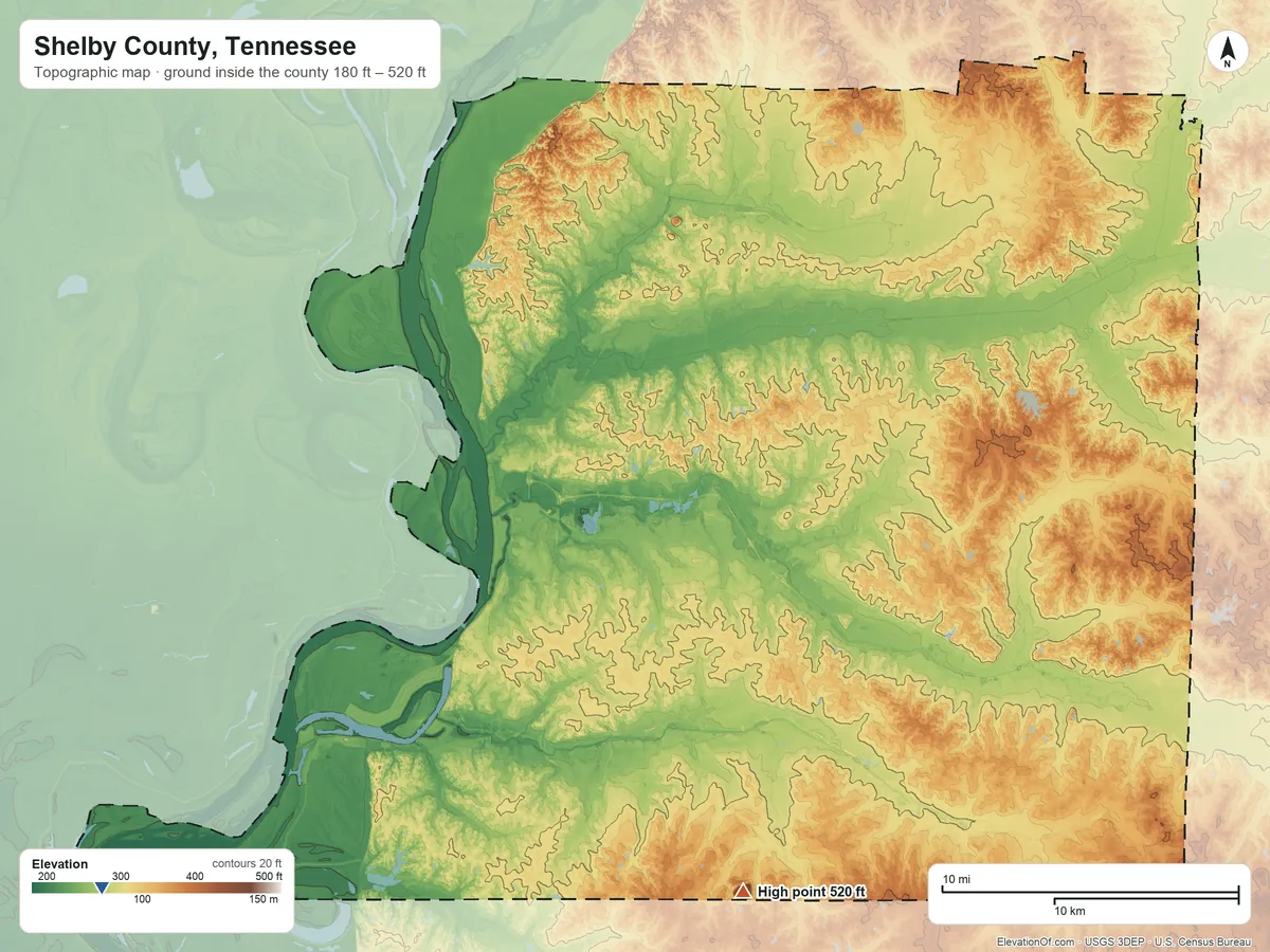 Topographic elevation map of Shelby County, Tennessee, shaded from 180 ft on the southwest side to 520 ft on the south side