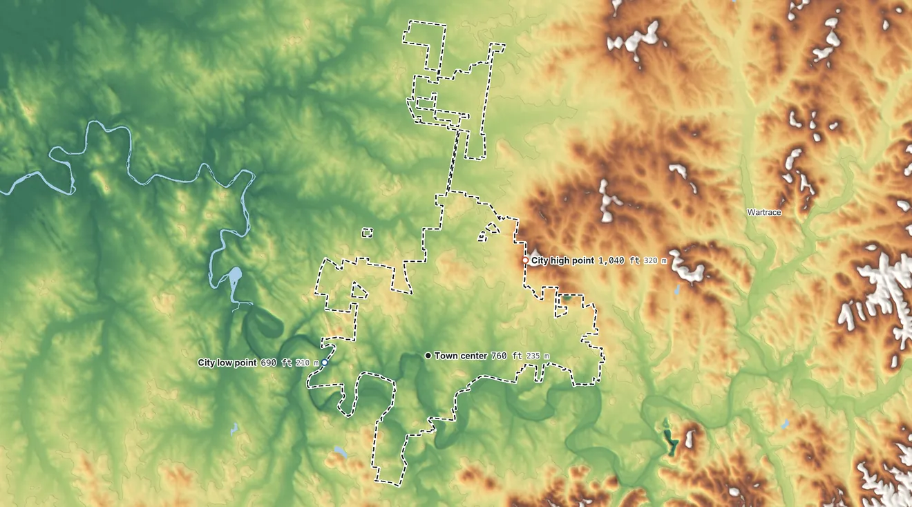 Topographic elevation map of Shelbyville, Tennessee, shaded from 690 ft on the west side to 1,040 ft on the northeast side