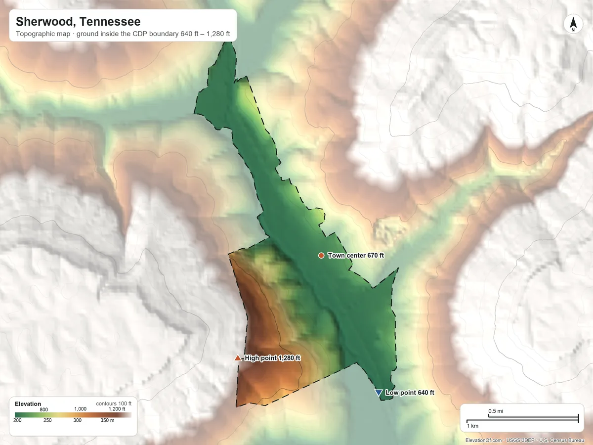 Topographic elevation map of Sherwood, Tennessee, shaded from 640 ft on the southeast side to 1,280 ft on the southwest edge, below higher ground just outside