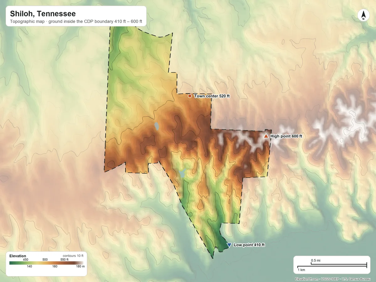Topographic elevation map of Shiloh, Tennessee, shaded from 410 ft on the south side to 600 ft on the southeast side
