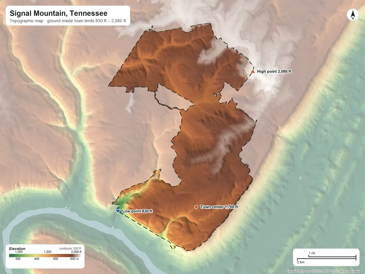 Topographic elevation map of Signal Mountain, Tennessee, shaded from 830 ft on the west side to 2,080 ft on the northeast side