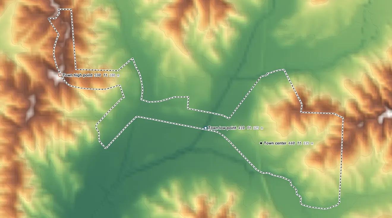 Topographic elevation map of Silerton, Tennessee, shaded from 410 ft on the west side to 590 ft on the west side