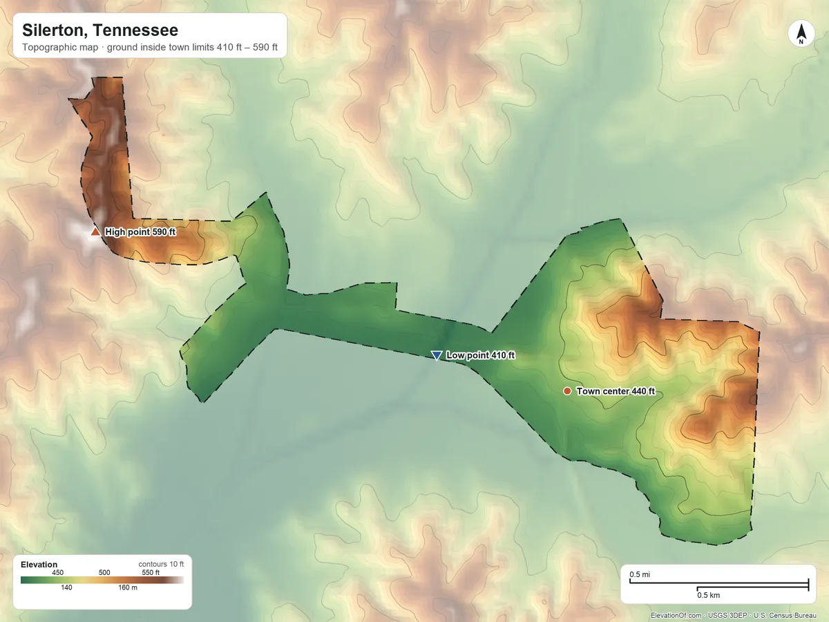 Topographic elevation map of Silerton, Tennessee, shaded from 410 ft on the west side to 590 ft on the west side
