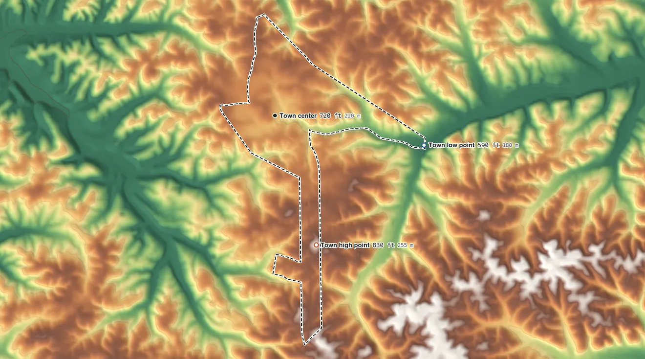 Topographic elevation map of Slayden, Tennessee, shaded from 590 ft on the east side to 830 ft on the south side
